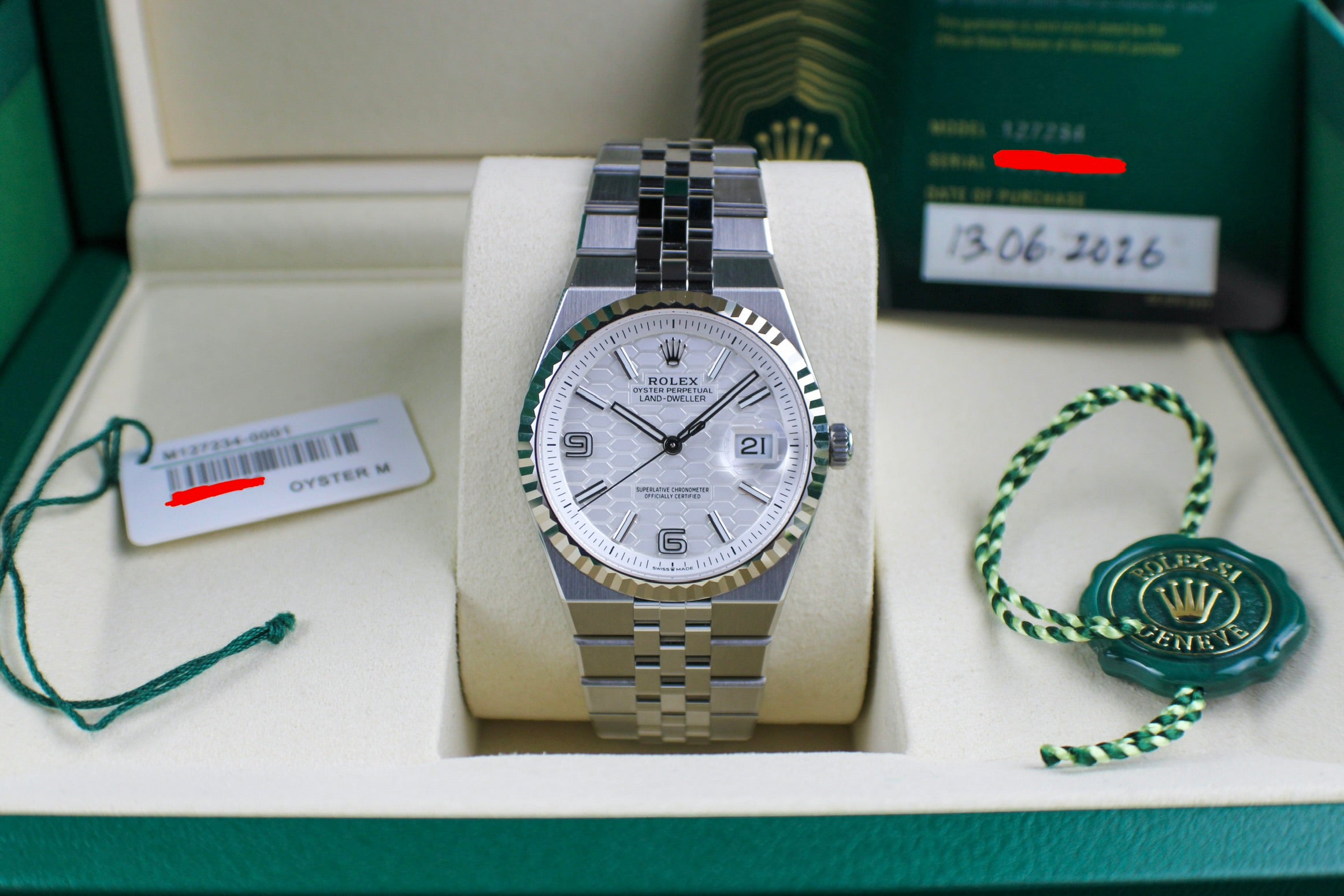 Rolex Land-Dweller 127234 JUNE 2026 Steel Honeycomb White Dial 36mm Complete Set