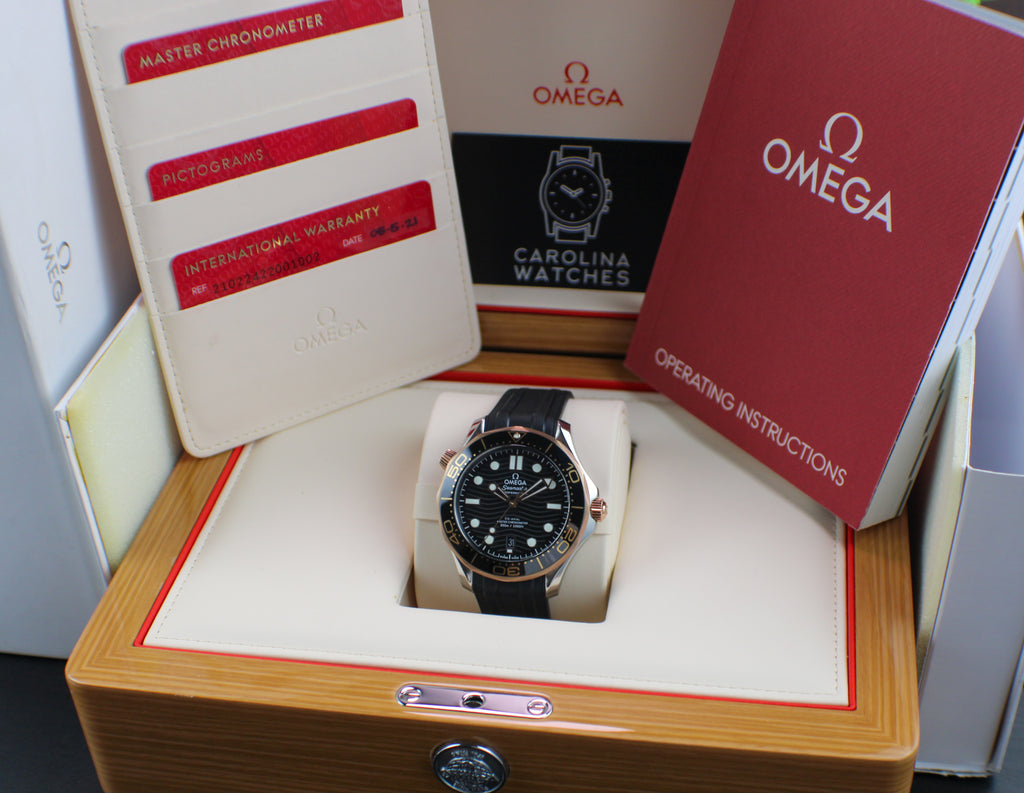 Omega Seamaster Diver 300M 210.22.42.20.01.002 18K Sedna Gold Bezel Box & Papers