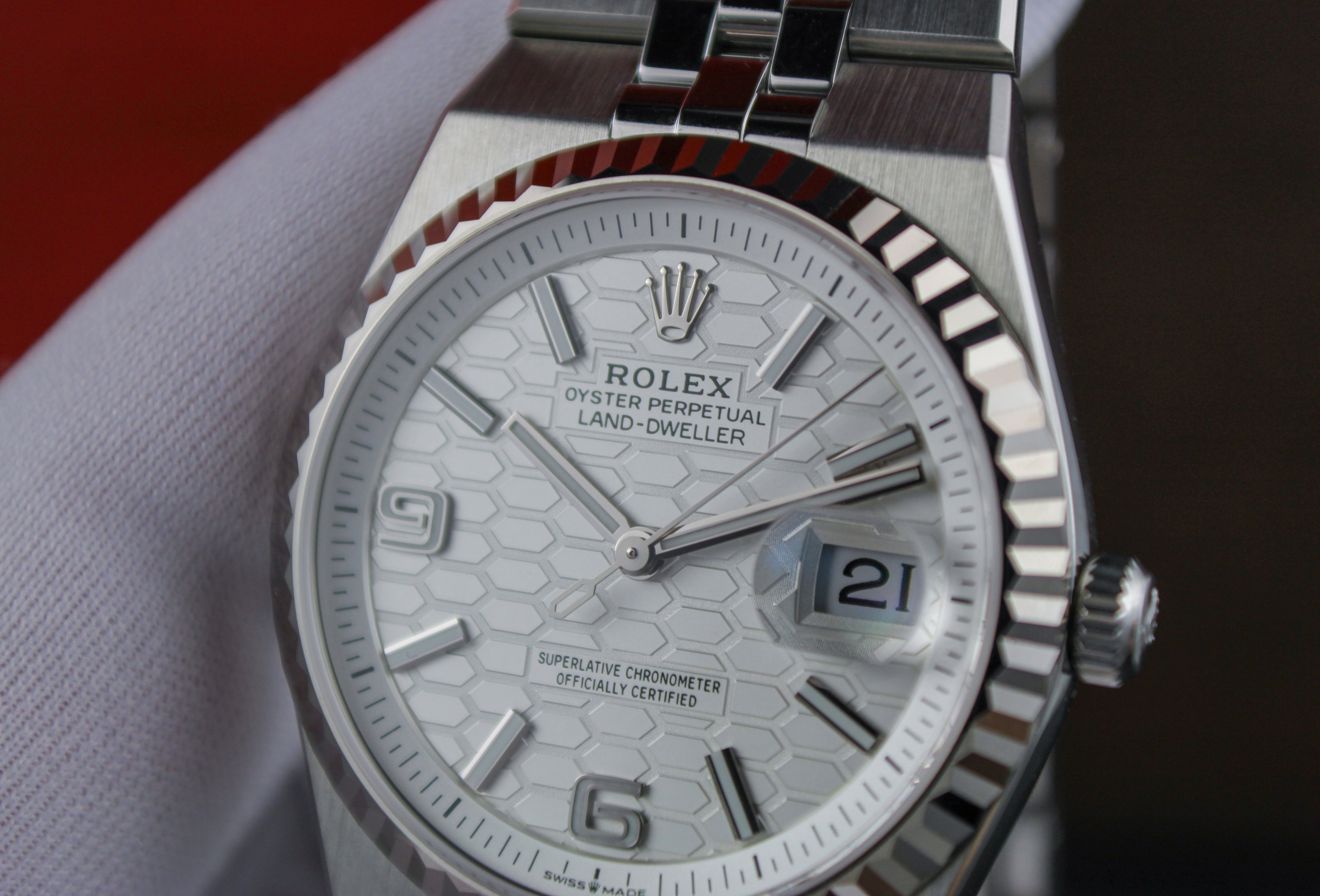 Rolex Land-Dweller 127234 JUNE 2026 Steel Honeycomb White Dial 36mm Complete Set