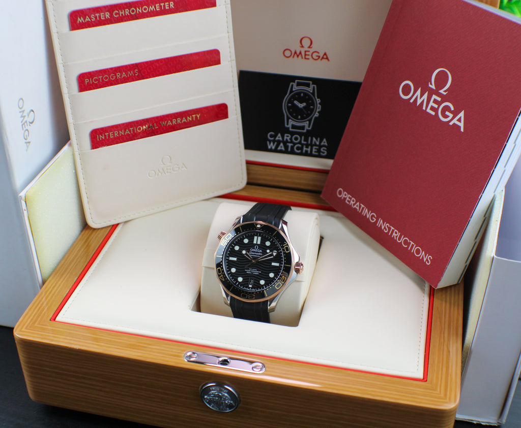 Omega Seamaster Diver 300M 210.22.42.20.01.002 18K Sedna Gold Bezel Box & Papers