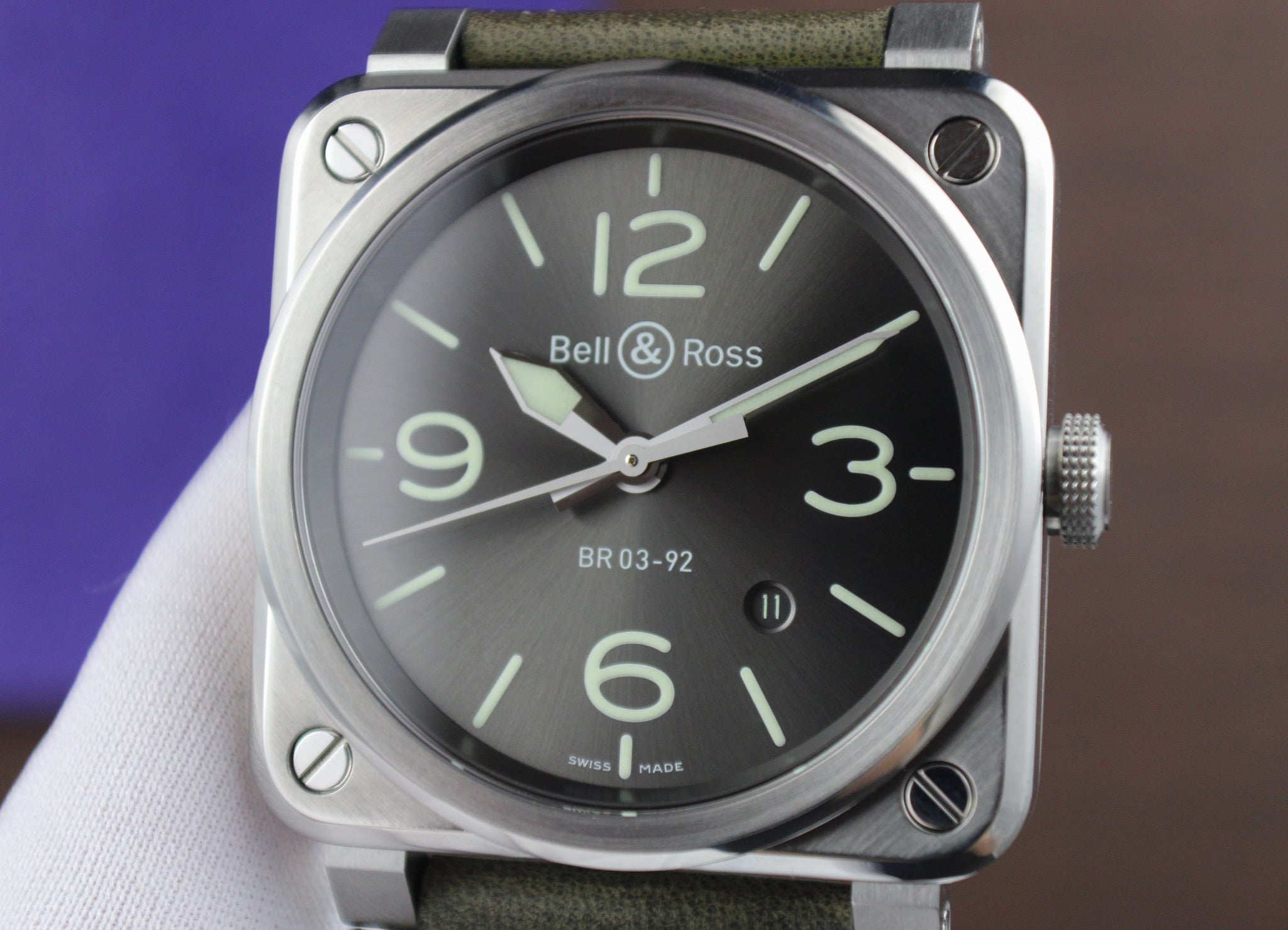 Bell & Ross BR03-92 Grey Lum Automatic Steel Box & Papers 3 Extra Straps