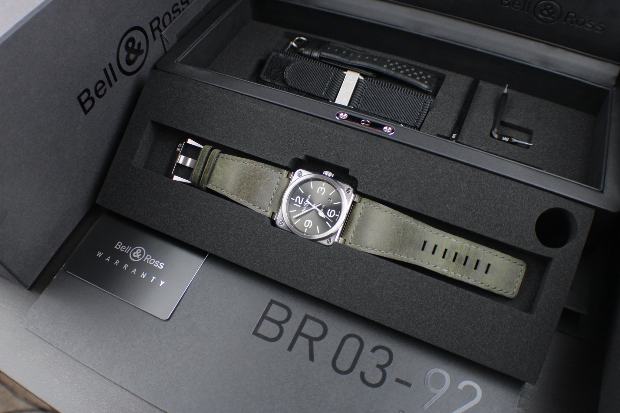 Bell & Ross BR03-92 Grey Lum Automatic Steel Box & Papers 3 Extra Straps