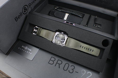 Bell & Ross BR03-92 Grey Lum Automatic Steel Box & Papers 3 Extra Straps