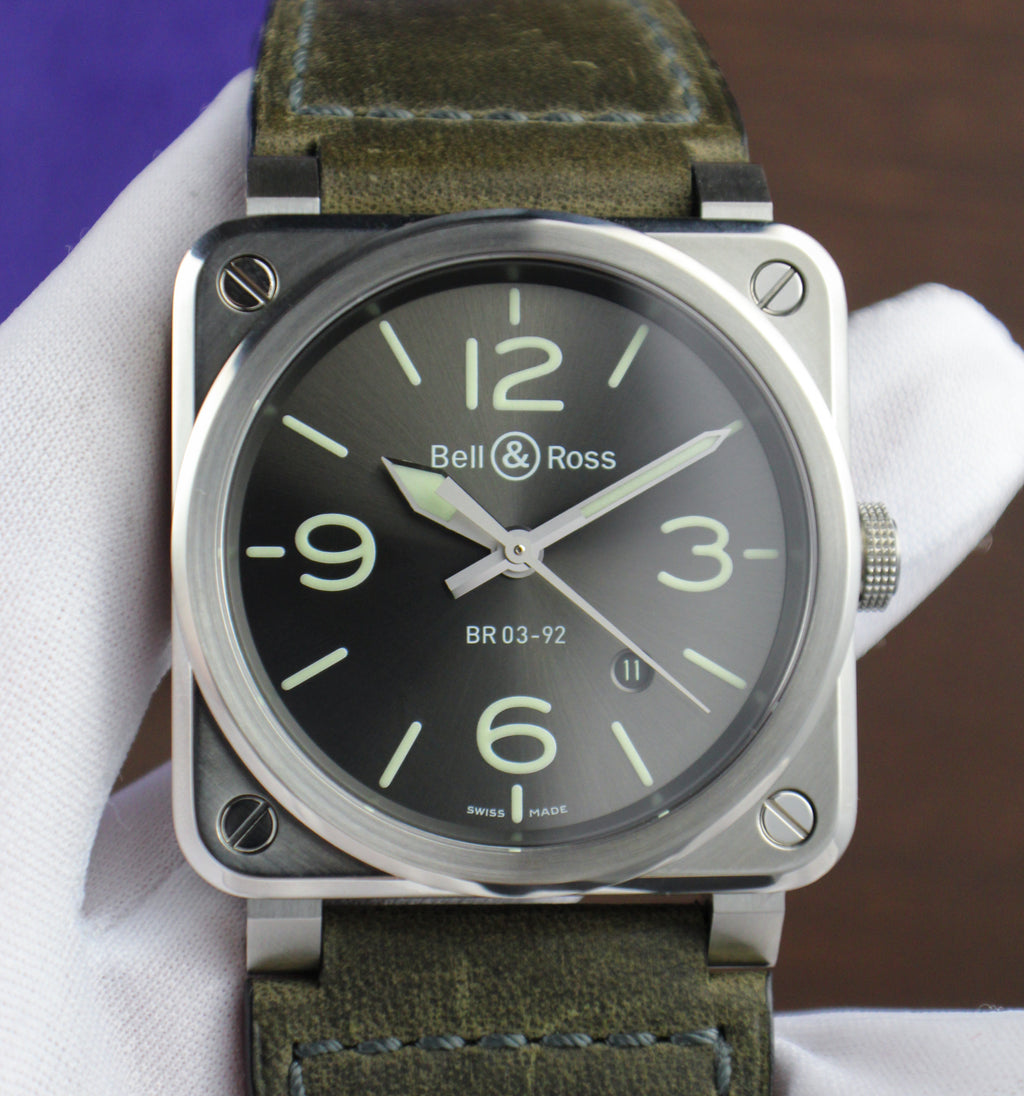 Bell & Ross BR03-92 Grey Lum Automatic Steel Box & Papers 3 Extra Straps