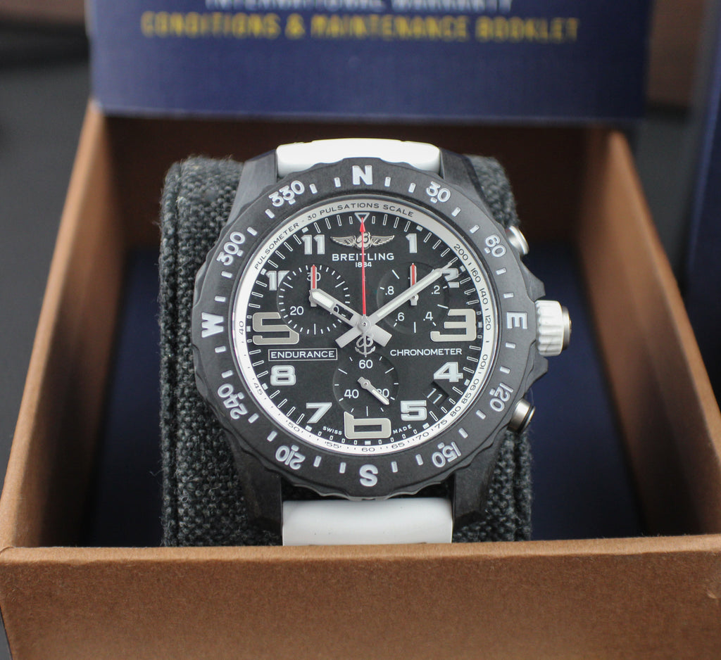 Breitling Endurance Pro 44mm X82310 Box & Papers Black Dial White Rubber Strap