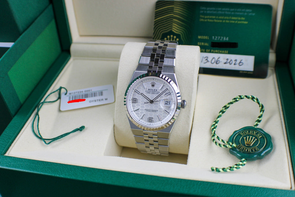 Rolex Land-Dweller 127234 JUNE 2026 Steel Honeycomb White Dial 36mm Complete Set