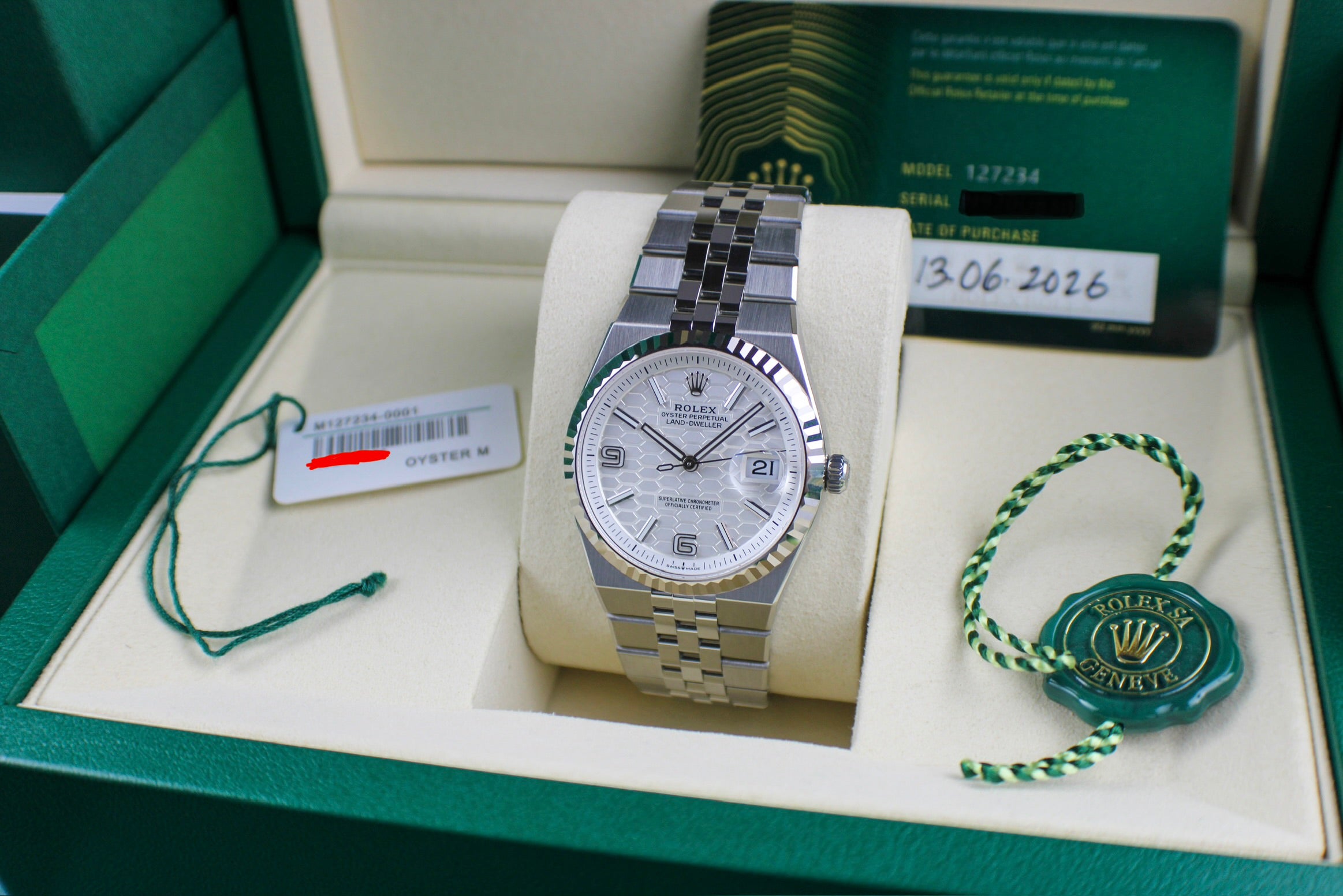 Rolex Land-Dweller 127234 JUNE 2026 Steel Honeycomb White Dial 36mm Complete Set
