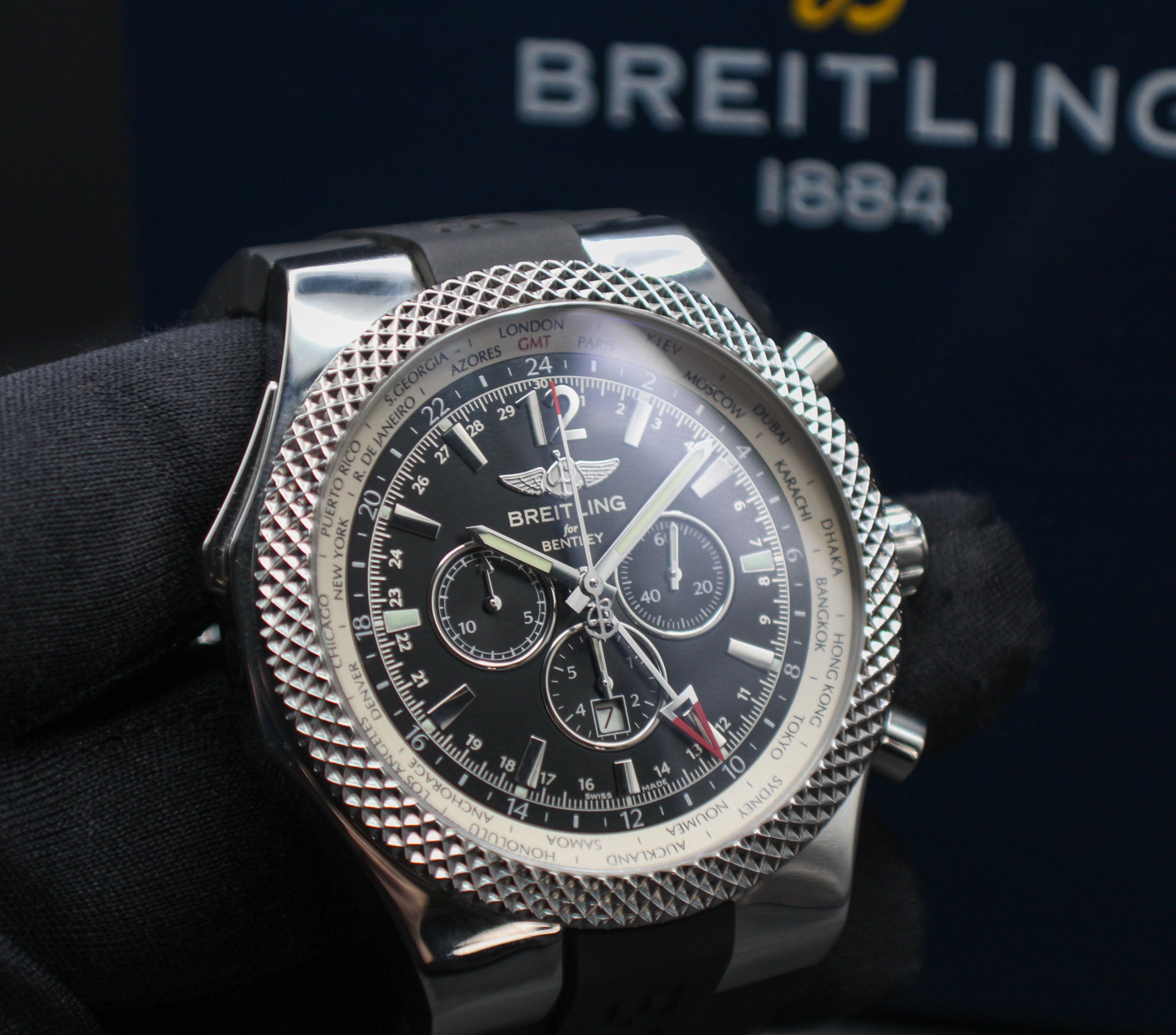 Breitling Bentley GMT Stainless Steel 49mm Box & Papers A4736212 Rubber