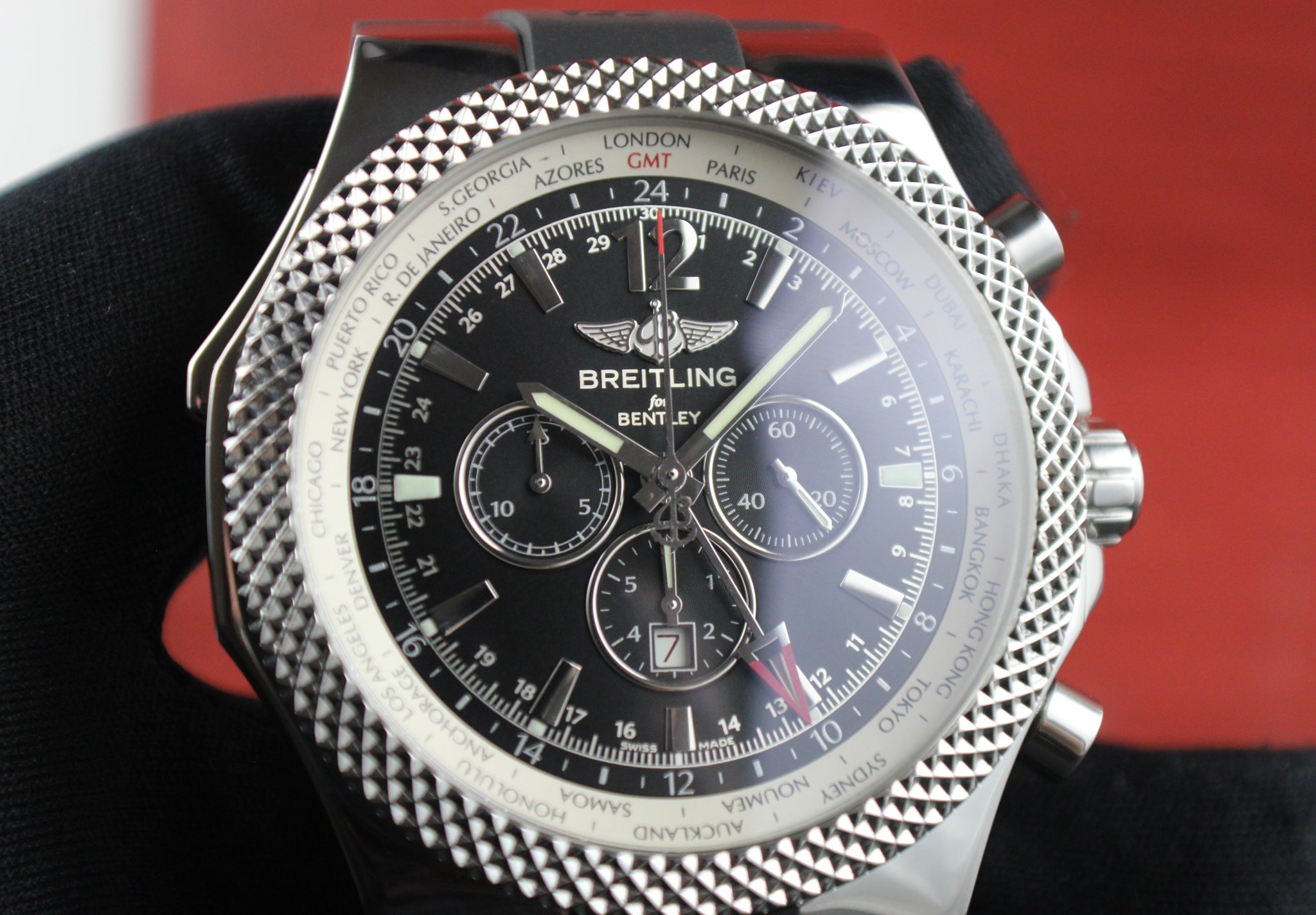 Breitling Bentley GMT Stainless Steel 49mm Box & Papers A4736212 Rubber